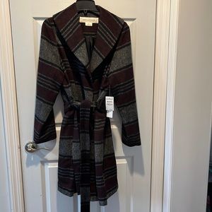 Grey Burgundy belted blanket wrap coat